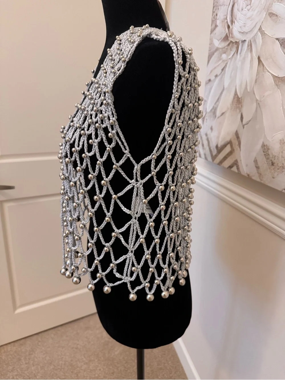 Silver Beaded Open Weave vest top. - Picture 3 of 4